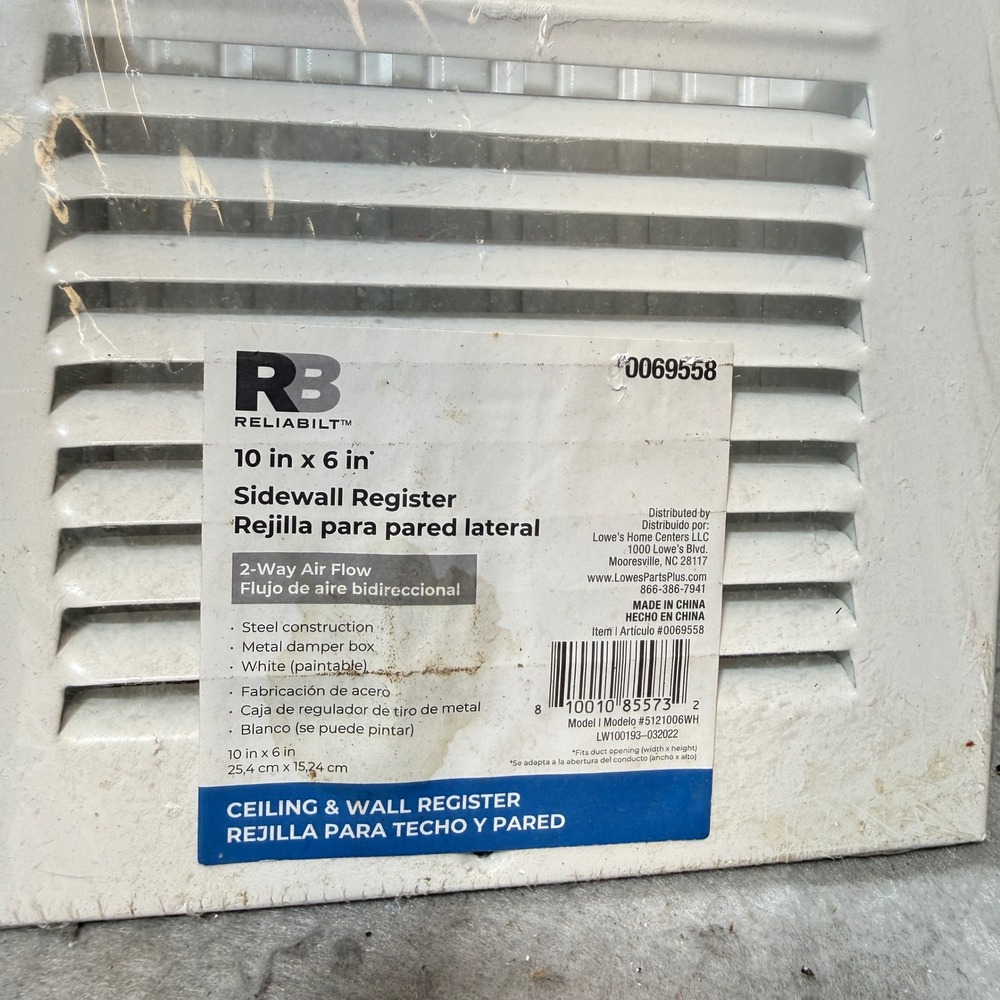 Reliabilt Sidewall Register 10x6 White New 2-Way Steel Vent 5121006WH